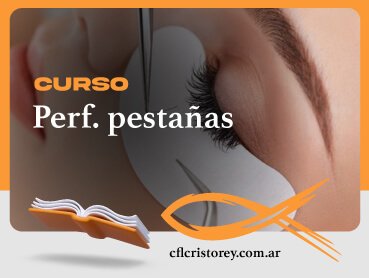 Imagen de un curso de aplicación de pestañas. El texto principal dice: 'CURSO Pref. Pestañas' y está acompañado por el sitio web 'cflcristorey.com.ar'.